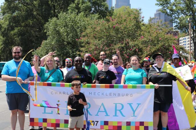 Charlotte Mecklenburg Library staff members participate in the 2019 Charlotte Pride Parade.