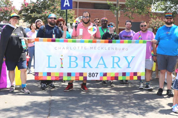 Charlotte Mecklenburg Library staff, family and friends participated in the Charlotte Pride parade on August 18, 2019.