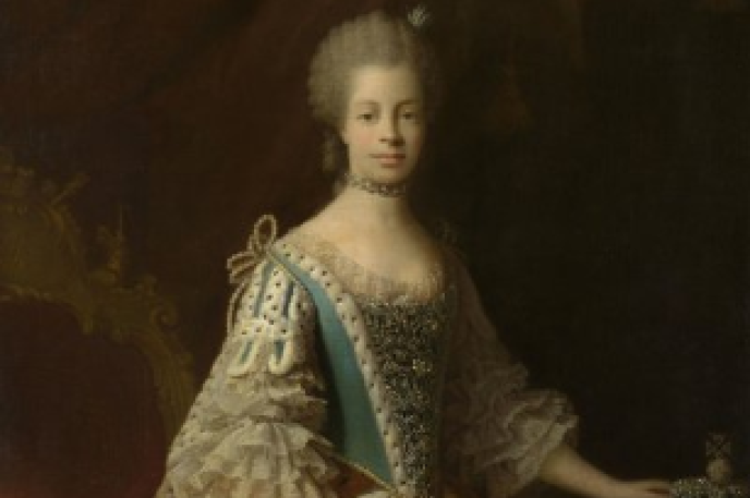 A portrait of Queen Charlotte of Mecklenburg. Find a hand-written letter from the Queen at the Charlotte Mecklenburg Library.