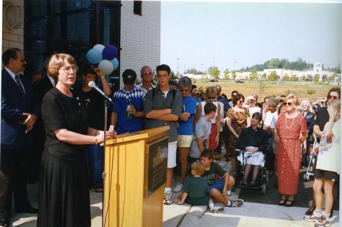 Carol Myers, then-chief of Public Services, speaks at North County opening, 1997.
