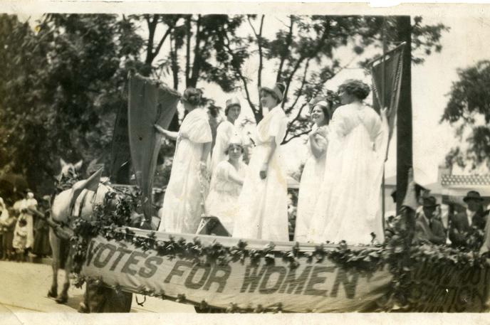 Photo courtesy of Charlotte Mecklenburg Library's Robinson-Spangler Carolina Room. Photo of a Women's Suffrage parade float that appeared in a November 1914 issue of the Charlotte Observer.