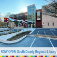 A view of the "Open Book, Open Minds" public art and entrance at Charlotte Mecklenburg Library's  South County Regional Library branch.